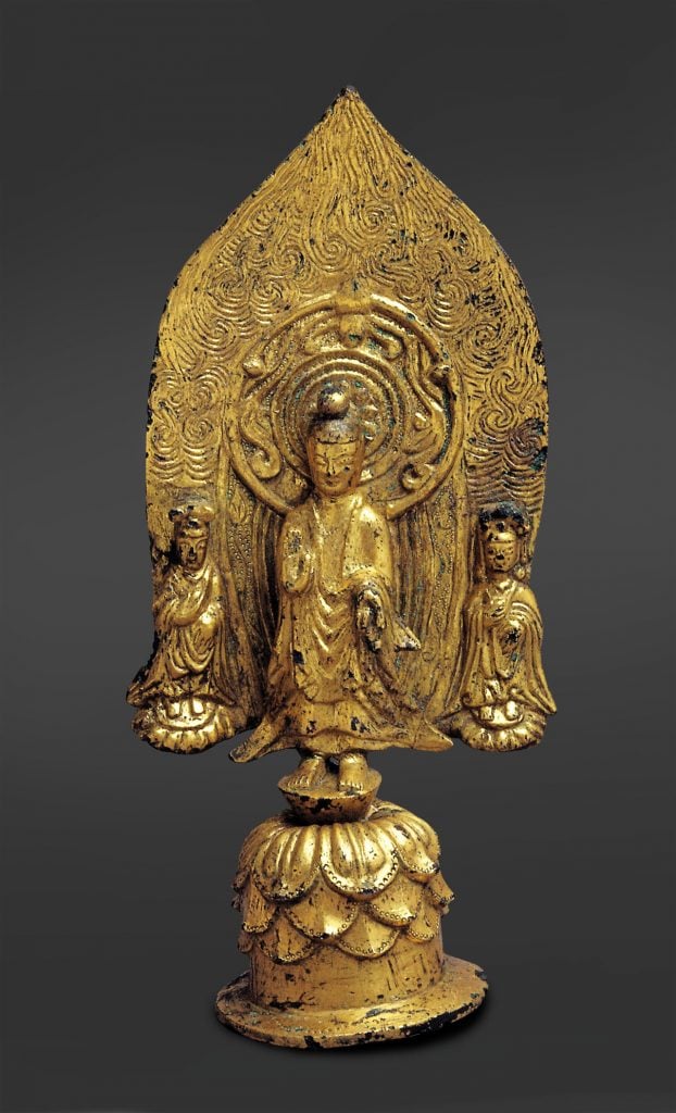 Gilt-bronze Standing Buddha Triad with Inscription of Gyemi Year. Courtesy of K Auction. 