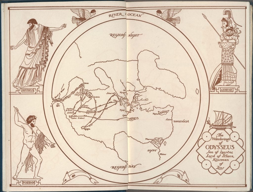 Map from front endpapers to <i>The Odyssey of Homer</i> (1935). © Oxford University Press, Inc. Courtesy of The Huntington Library, Art Museum, and Botanical Gardens.