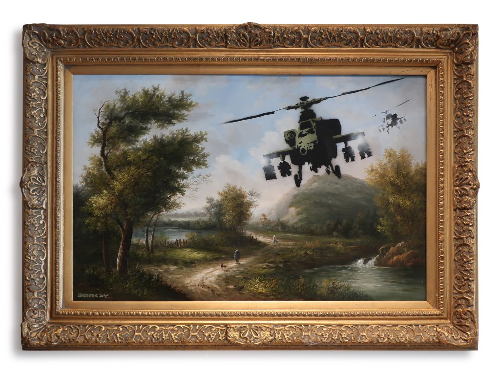 Banksy, <i>Vandalised Oils (Choppers)</i>, est. £2.5-3.5 million ($3.4-$4.8 million). Courtesy of Sotheby's.