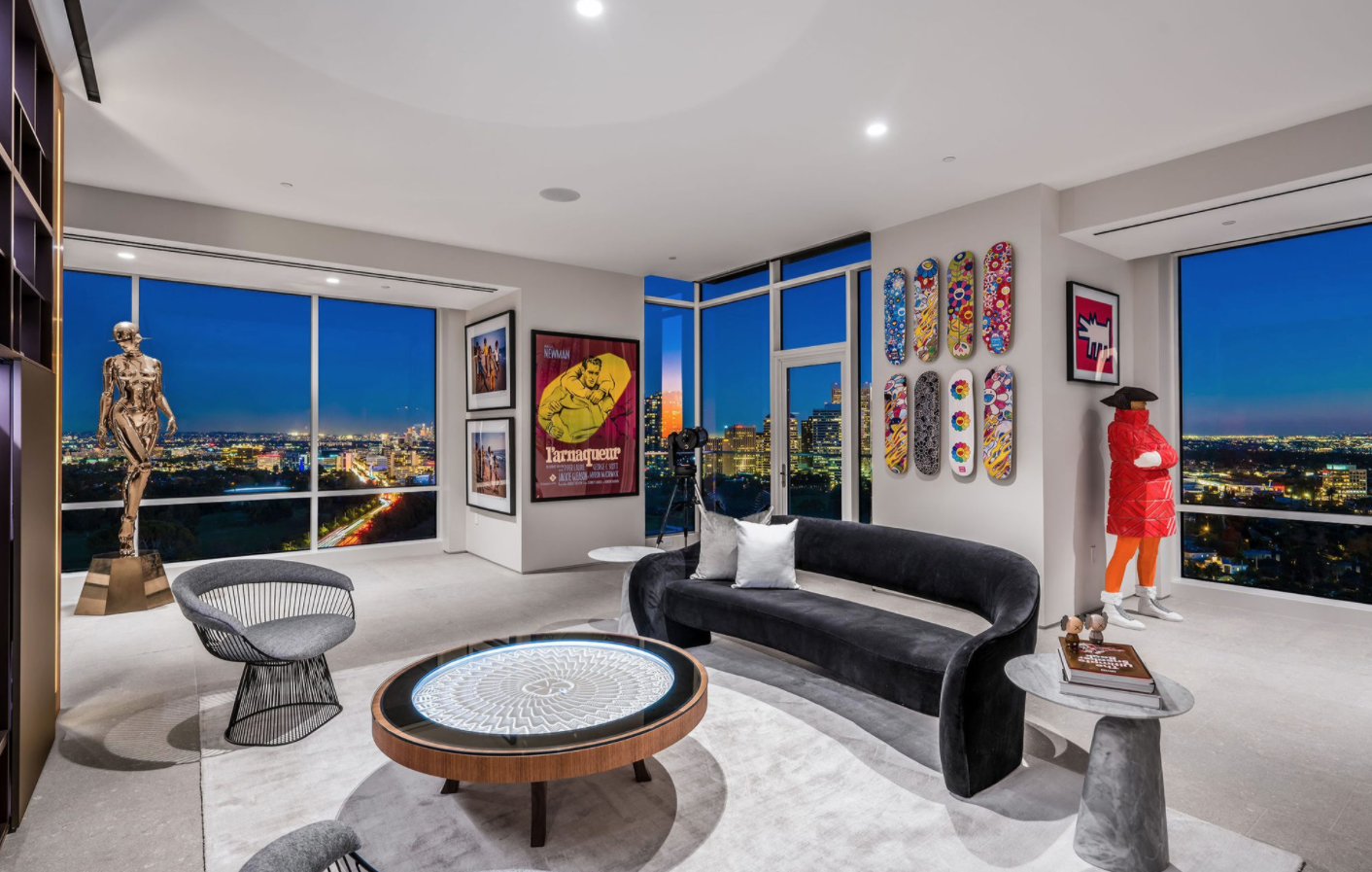 The Weeknd’s $22.5 million penthouse, with artworks by Hajime Sorayama, Takashi Murakami, and Keith Haring. Courtesy of Beverly Hills Estates.