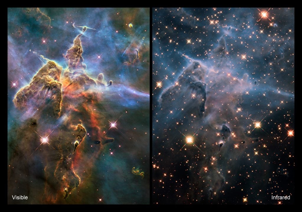 Comparison of two Hubble images of the Carina Nebula, left in visible light and right in infrared light. In the infrared image, we can see more stars that weren't previously visible. Courtesy of NASA/ESA/M. Livio & Hubble 20th Anniversary Team (Space Telescope Science Institute).