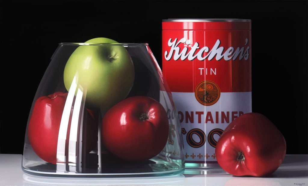 Pedro Campos, Four Apples and a Tin. Courtesy of PlusOne Gallery.