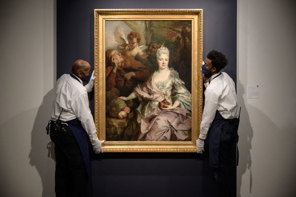 A painting by Nicolas de Largilliere entitled Portrait of a Lady as Pomona is displayed at Sotheby's in New York, New York on January 21, 2022. Photo by Ed JONES/AFP/AFP via Getty Images.