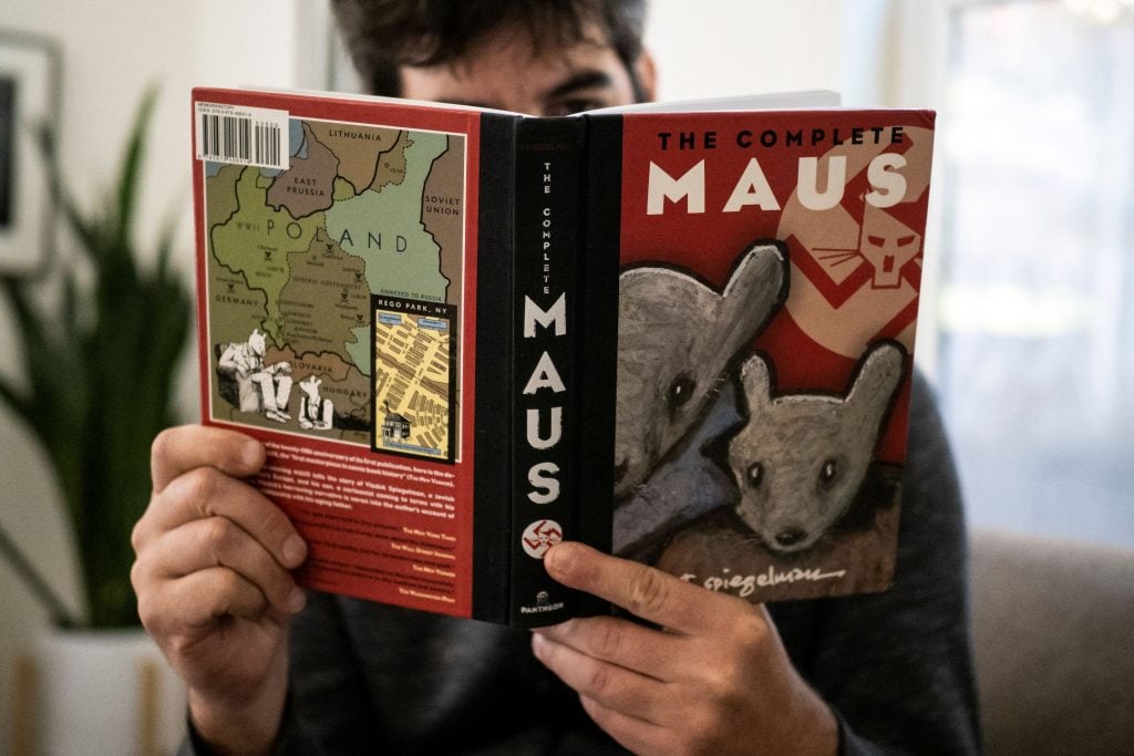 Art Spiegelman's Maus, the only graphic novel to have won a Pulitzer Prize, has been banned by a Tennessee school district. Photo by Maro Siranosian/AFP via Getty Images.