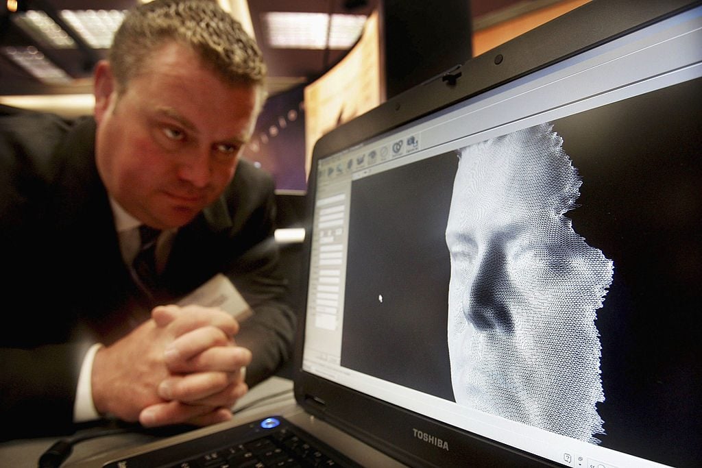 A 3D facial recognition program demonstrated during the Biometrics 2004 exhibition and conference October 14, 2004 in London. (Photo by Ian Waldie/Getty Images) 