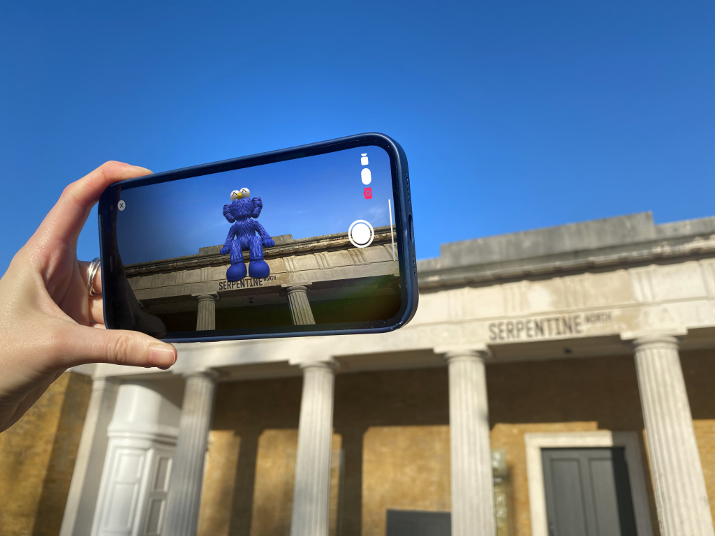 KAWS, SEEING, 2022, augmented reality sculpture at Serpentine North Gallery. Courtesy of KAWS and Acute Art.