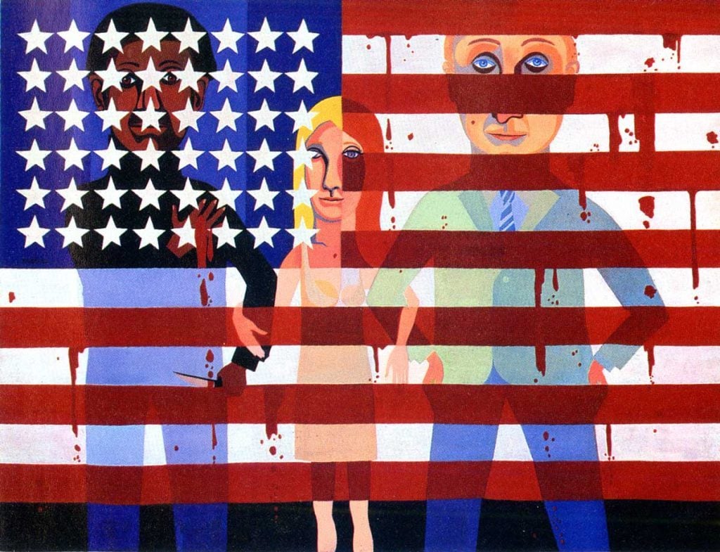 Faith Ringgold, American People Series #18: The Flag Is Bleeding (1967). © Faith Ringgold / ARS, NY and DACS, London, courtesy ACA Galleries, New York 2021.