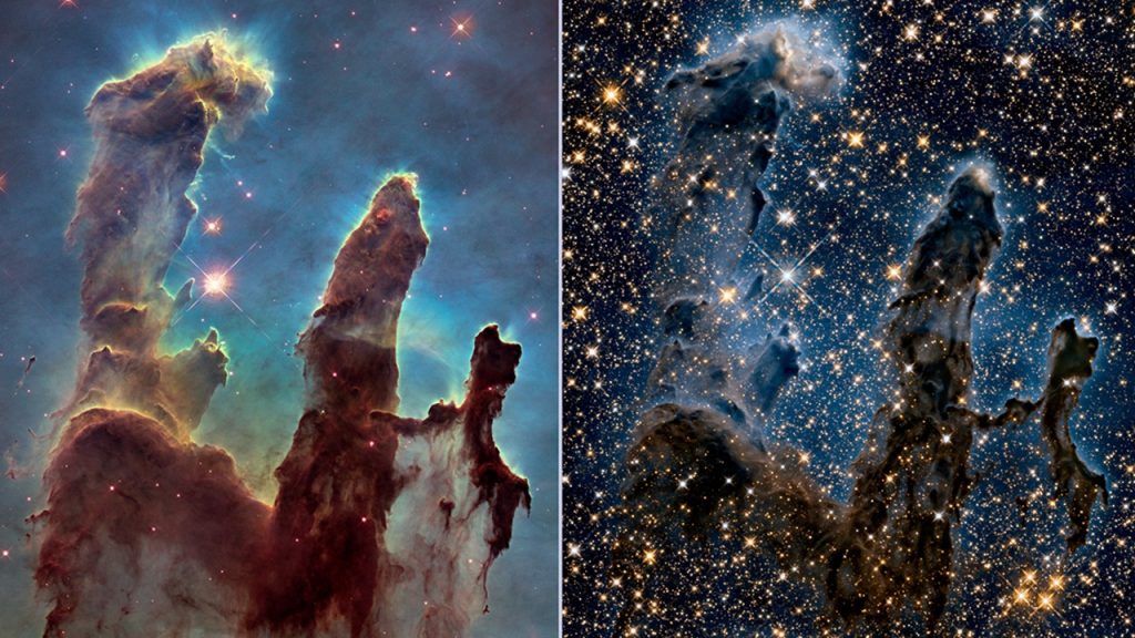 These are two Hubble images of the Pillars of Creation. The right shows what it looks like in infrared, which is closer to what the Webb telescope will see. NASA, ESA, the Hubble Heritage Team (Space Telescope Science Institute/AURA), A. Nota (ESA/Space Telescope Science Institute), and the Westerlund 2 Science Team.