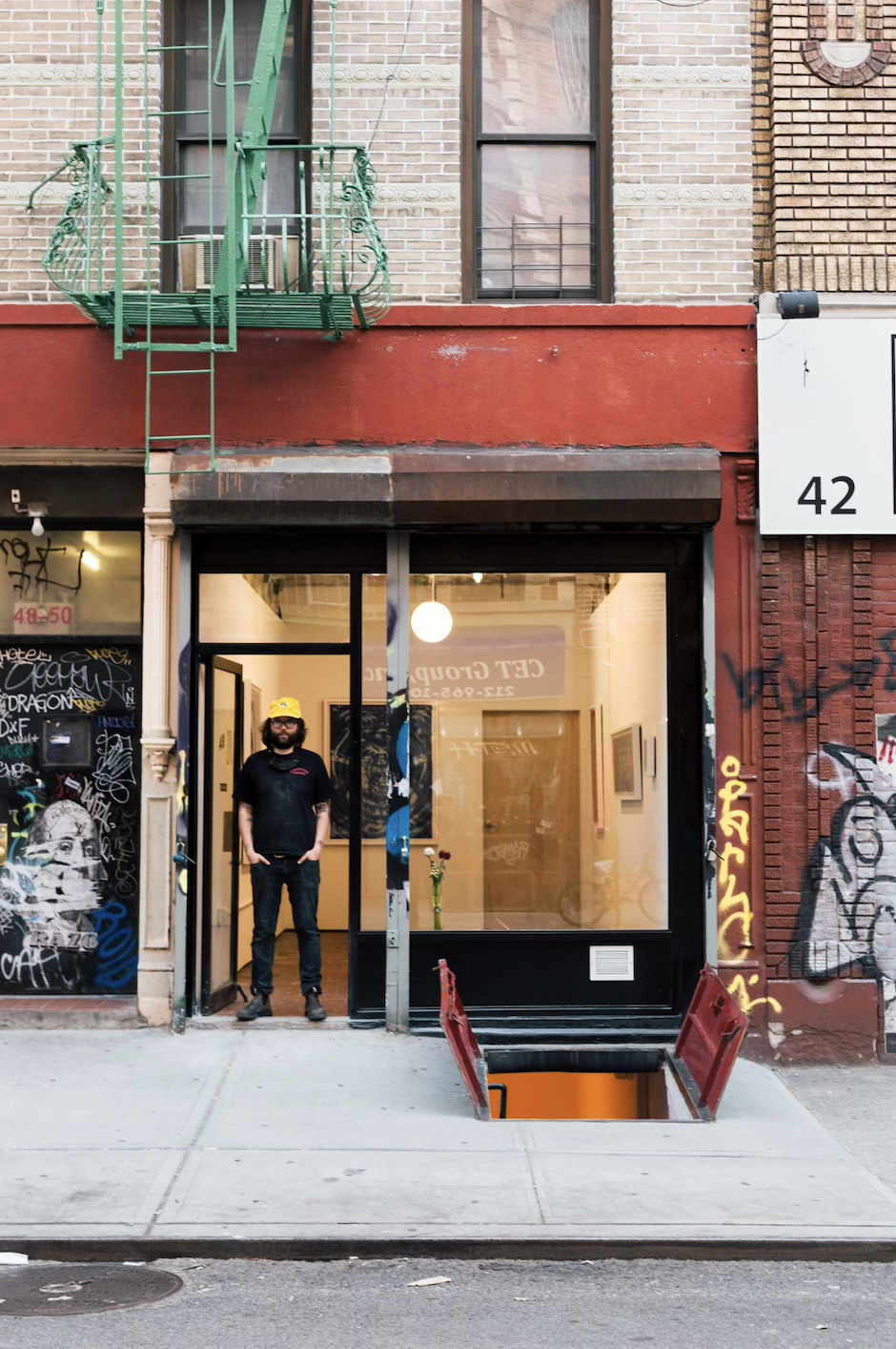 Louis Shannon in front of his gallery, Entrance, on the Lower East Side.