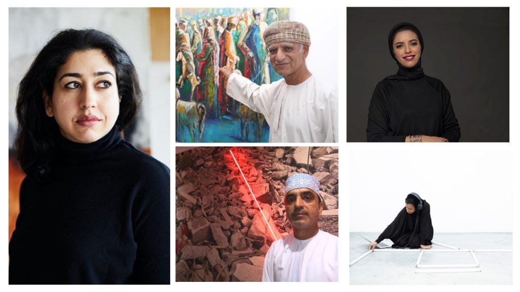 Clockwise: Radhika Khimji © Ben Peter Catchpole; Anwar Sonya; Budoor Al Riyami; Raiya Al Rawahi; and Hassan Meer. All photos Courtesy of the National Pavilion of the Sultanate of Oman.