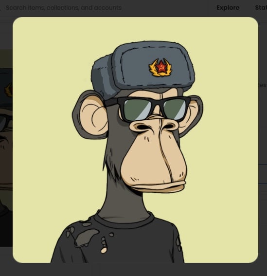Screenshot of a Bored Ape rocking the "Commie Hat" attribute.