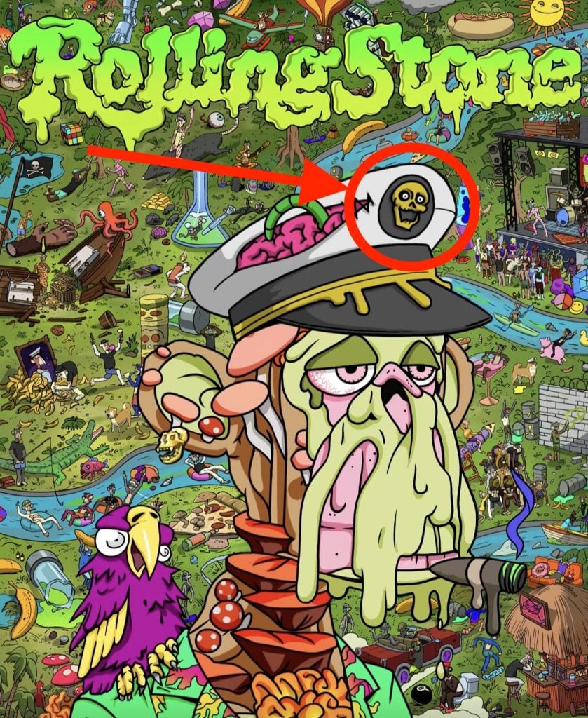 Rolling Stone's Bored Ape cover, with incriminating skull logo highlighted.