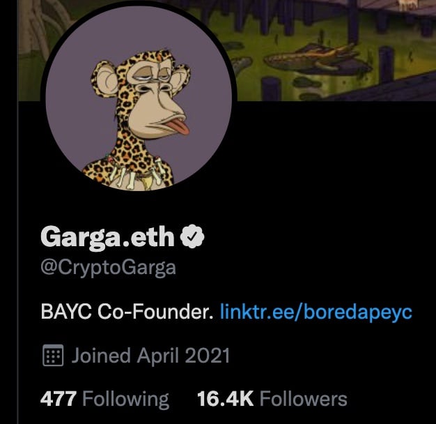 Screenshot of the Twitter profile of BAYC founder Gargamel.