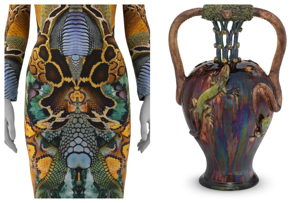 Left: Alexander McQueen, <i>Woman's Ensemble (Dress and Leggings)</i>, (Spring/Summer 2010). Right: Manuel Cipriano Gomes Mafra, <i>Urn</i>, (ca. 1865-87). Both images © Museum Associates/LACMA.