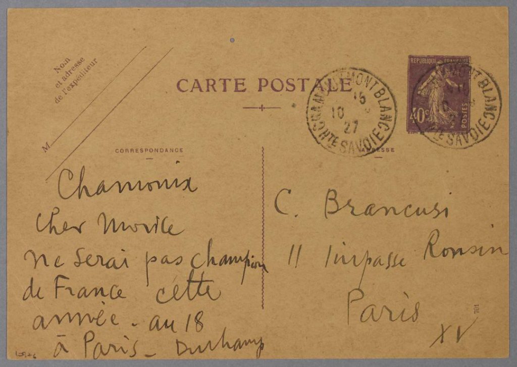 Postcard from Duchamp to Brancusi, from Chamonix, France. © Centre Pompidou/Mnam-Cci Bibliothèque Kandinsky/Fonds Brancusi.