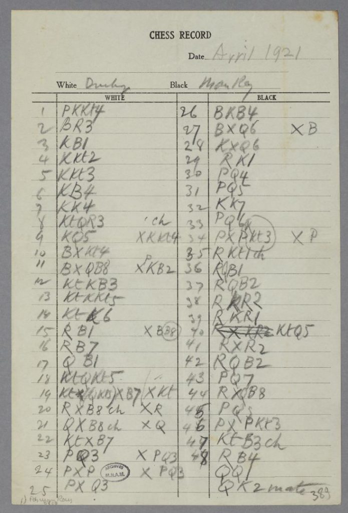 Score card from a chess match between Man Ray and Marcel Duchamp, April 1921. © Centre Pompidou/Mnam-Cci Bibliothèque Kandinsky/Fonds Man Ray.