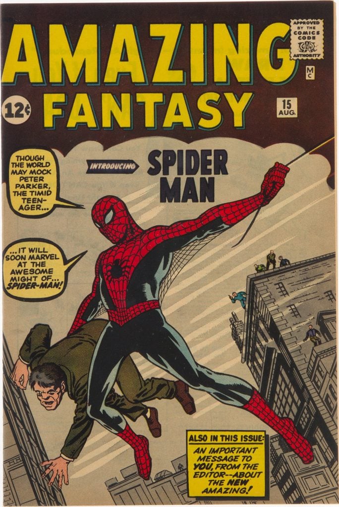 Spider-Man in his first appearance in <em>Amazing Fantasy #15</em> in 1962. A copy sold for $3.6 million at Heritage Auctions in September 2021 to set a comic book auction record. Photo courtesy of Heritage Auctions. 