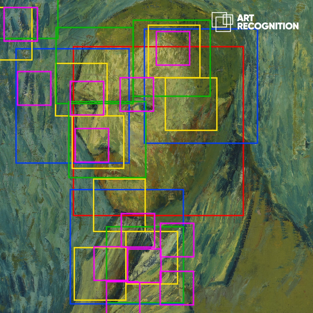 van Gogh self-portrait with several colored rectangular boxes showing areas of analysis