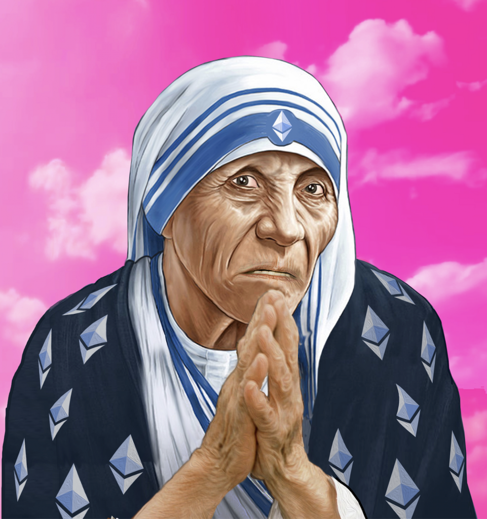 Christoper Hitchens wrote a book on Mother T called <em>The Missionary Position</em>, and the crypto world uses NFTs to promote the blockchain as some would say Mother Teresa highlighted the plight of the poor to foster Christianity. Courtesy of Kenny Schachter.