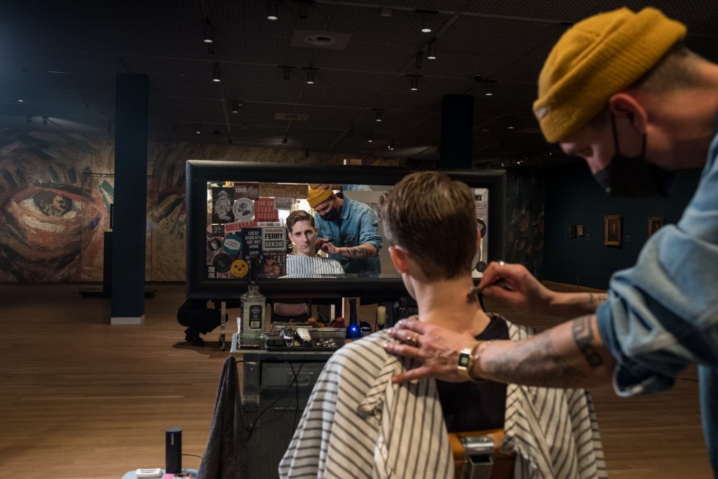 Van Gogh Museum turned into a nail-studio and hairdresser, where people can have their nails/hair done while watiching the work of Vincent van Gogh on January 19, 2022 in Amsterdam, Netherlands. (Photo by Sanne Derks/Getty Images)