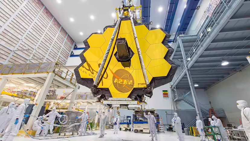 The James Webb Space Telescope's optical telescope element, an 18-panel mirror, at NASA’s Goddard Space Flight Center in Greenbelt, Maryland, in 2017. Photo by Desiree Stover, courtesy of NASA.