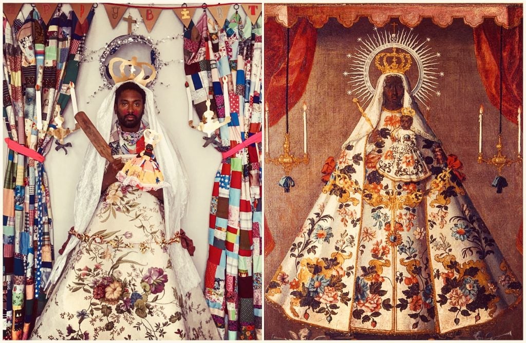 The Virgin of Guadalupe (1745) by an anonymous artist. After the statue of the Virgin of Guadalupe in Extremadura, western Spain. Braithwaite has made his reconstruction with his grandmother’s patchwork quilt, grandfather’s cou cou stick, tinsel and Barbados doll. Courtesy of Peter Braithwaite. 