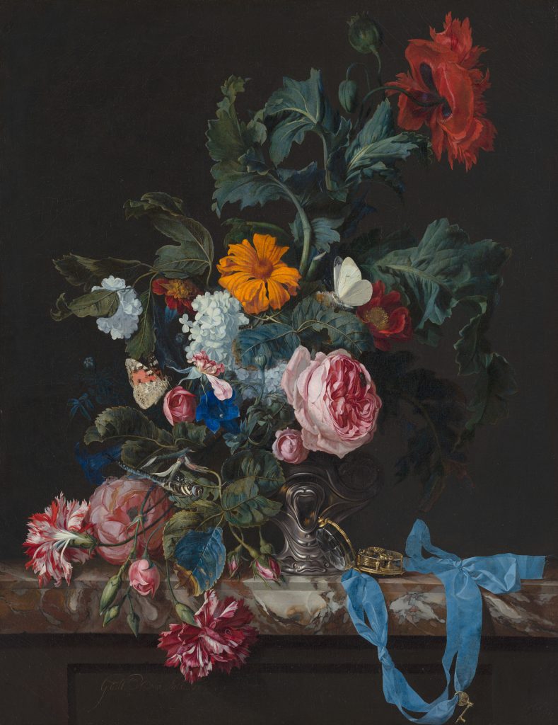Willem van Aelst, Flower Still Life with a Timepiece, (1663). Mauritshuis, The Hague.