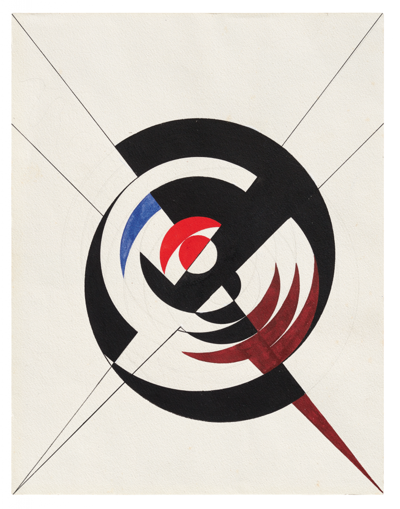 Sophie Taeuber-Arp, <em>Construction of a Black Circle and Burgundy, Red, and Blue Segments</em> (1942). Photo by Mick Vincenz, courtesy of the Museum Bahnhof Rolandseck, Remagen, Germany.