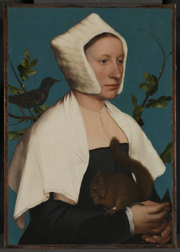 Hans Holbein the Younger, <i>A Lady with a Squirrel and a Starling (Anne Lovell?)</i> (ca. 1526-28). Courtesy of the Morgan Library and Museum.