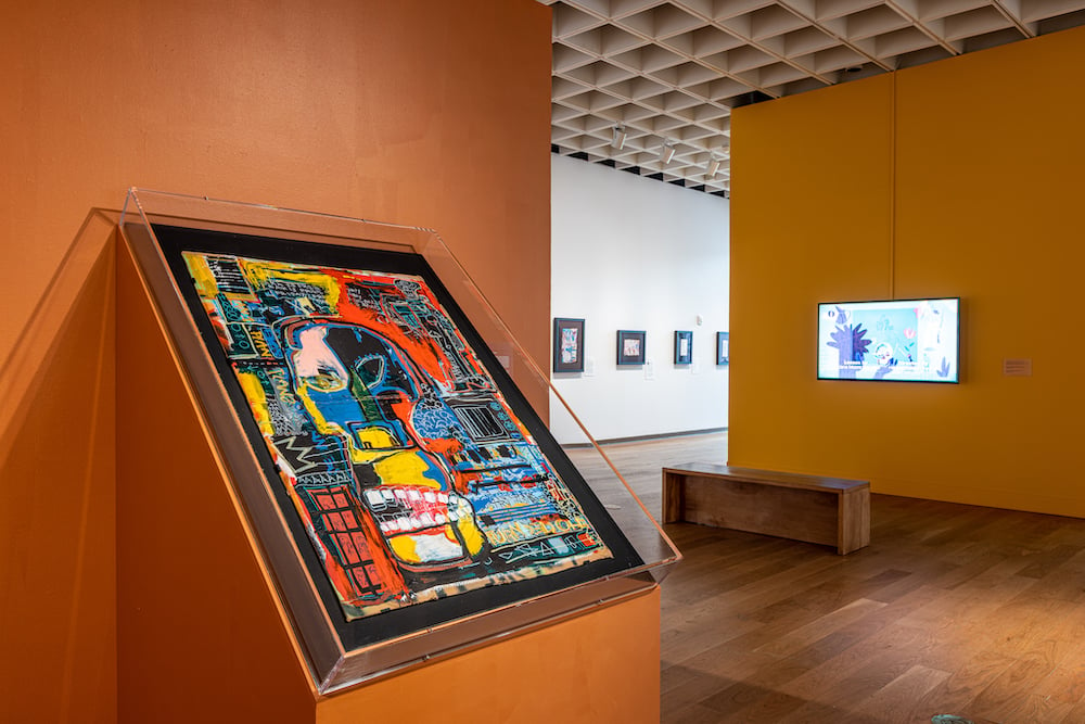 Installation view of the "Heroes & Monsters: Jean-Michel Basquiat, The Thaddeus Mumford, Jr. Venice Collection" at the Orlando Museum of Art, 2022. Courtesy of the OMA.