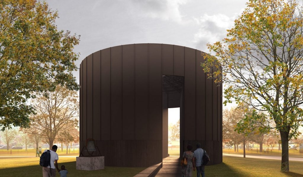Theaster Gates's <i>Black Chapel</i> concept for the Serpentine Pavilion 2022. Design render, interior view. © 2022 Theaster Gates Studio.