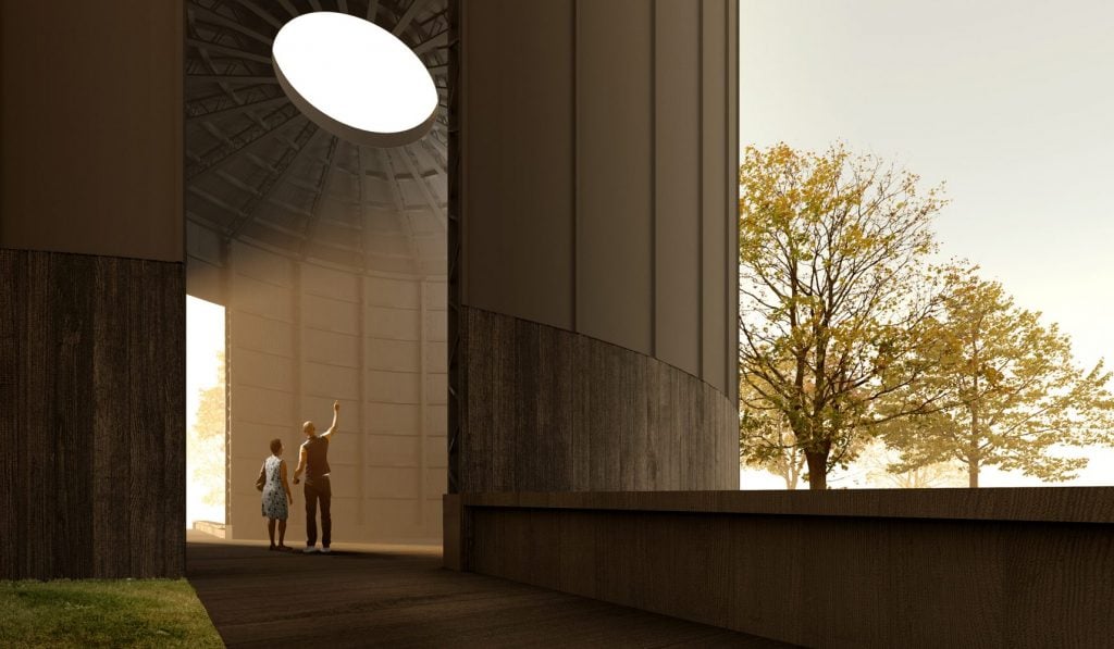 Theaster Gates's Black Chapel concept for the Serpentine Pavilion 2022. Design render, interior view. © 2022 Theaster Gates Studio.