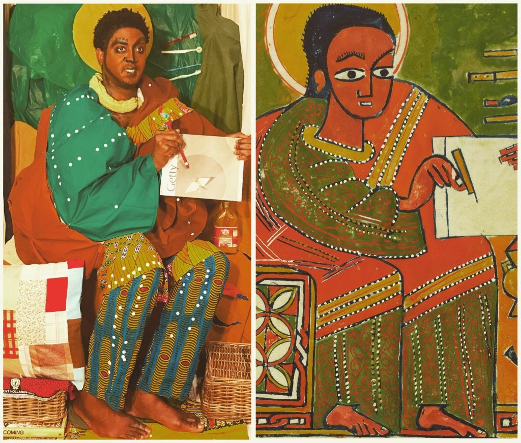 Detail of St. John from an Ethiopian Gospel Book (circa 1505). Brathwaite made his recreation with African wax prints and white stickers. Courtesy of Peter Brathwaite.