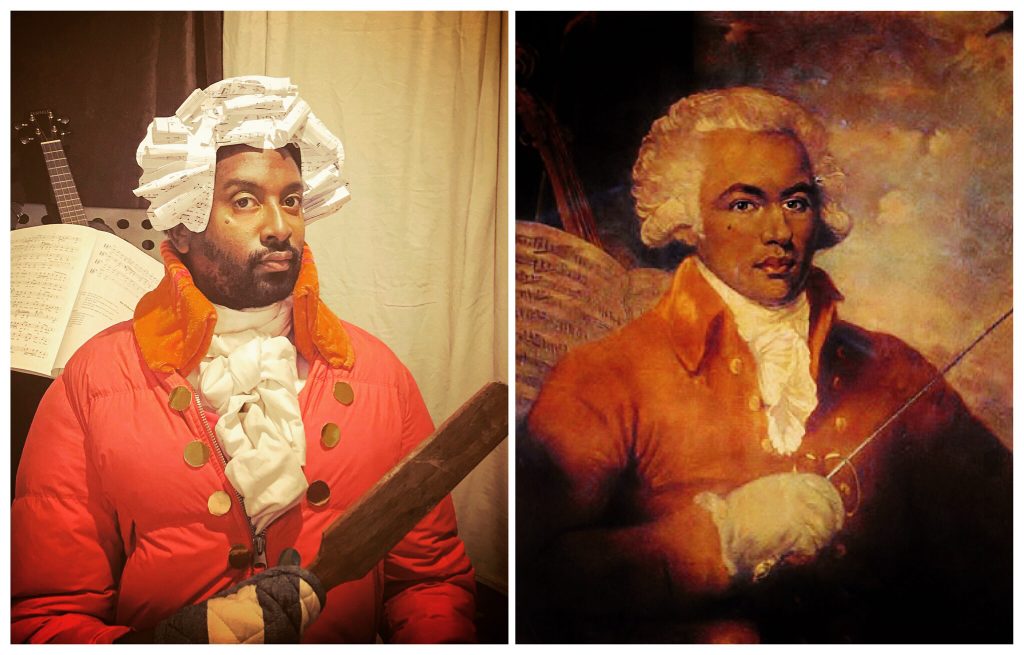 William Ward (after Mather Brown), Joseph Bologne de Saint-George (1787).Joseph Bologne was a composer, violinist, conductor and fencer. Braitwaithe constructed his interepretation with a book of Barbados folk songs, an oven mitt and his grandfather's cou cou stick. Courtesy of Peter Brathwaite.Courtesy of Peter Braithwaite.