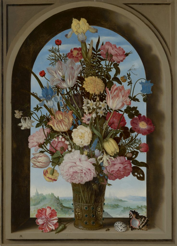 Ambrosius Bosschaert, Vase of Flowers in a Window (c. 1618). Courtesy of Mauritshuis, The Hague.