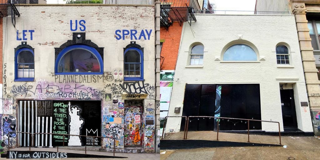 57 Great Jones St., before and after the whitewashing. Left photo: Adrian Wilson. Right photo: Lisa Scott.