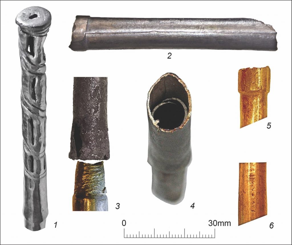 Components of the ornate tubes, found at Maikop's kurgan burial bound. Originally identified as scepters, they are now thought to be the world's oldest known straws. Photo by Viktor Trifonov.
