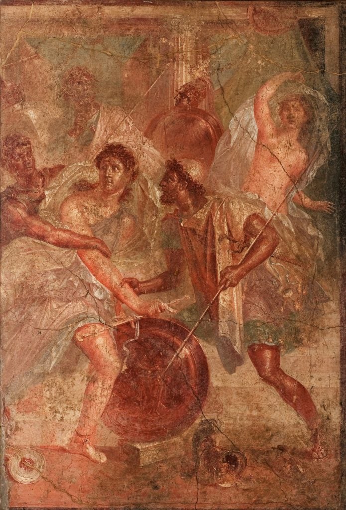 <i>Achilles on the Island of Skyros</i> (1st century CE), House of Achilles or HOuse of the Skeleton or House of Stronnius, cubiculum u, north wall, central section, Pompeii. National Archaeological Museum of Naples: MANN 116085 Image © Photographic Archive, National Archaeological Museum of Naples.