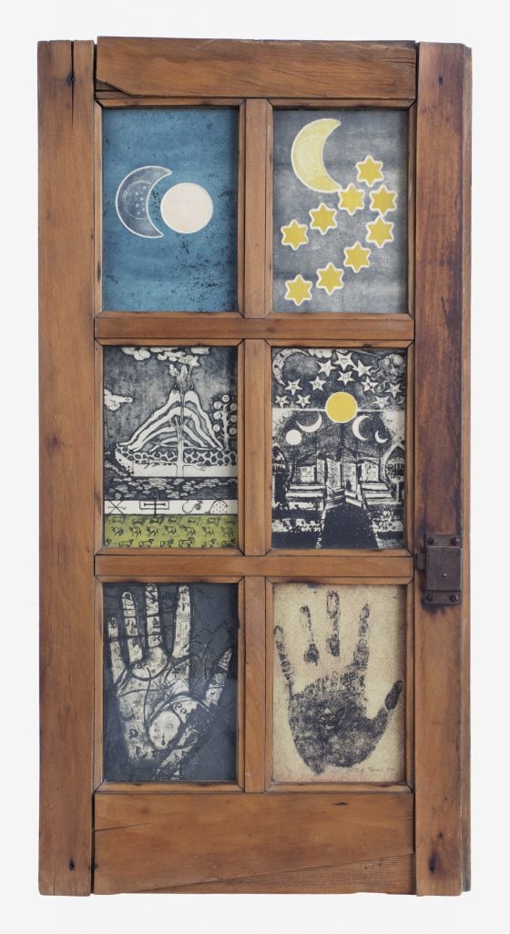 Betye Saar, The View from the Sorcerer’s Window (1966). Assemblage of color and intaglio etchings and wood window frame with six panes of glass, 30 × 15½ × 1¼ in. Collection of halley k harrisburg and Michael Rosenfeld. Photo: Courtesy of Michael Rosenfeld Gallery LLC, New York, NY. Courtesy the Artist and Roberts Projects, Los Angeles, CA. © Betye Saar.