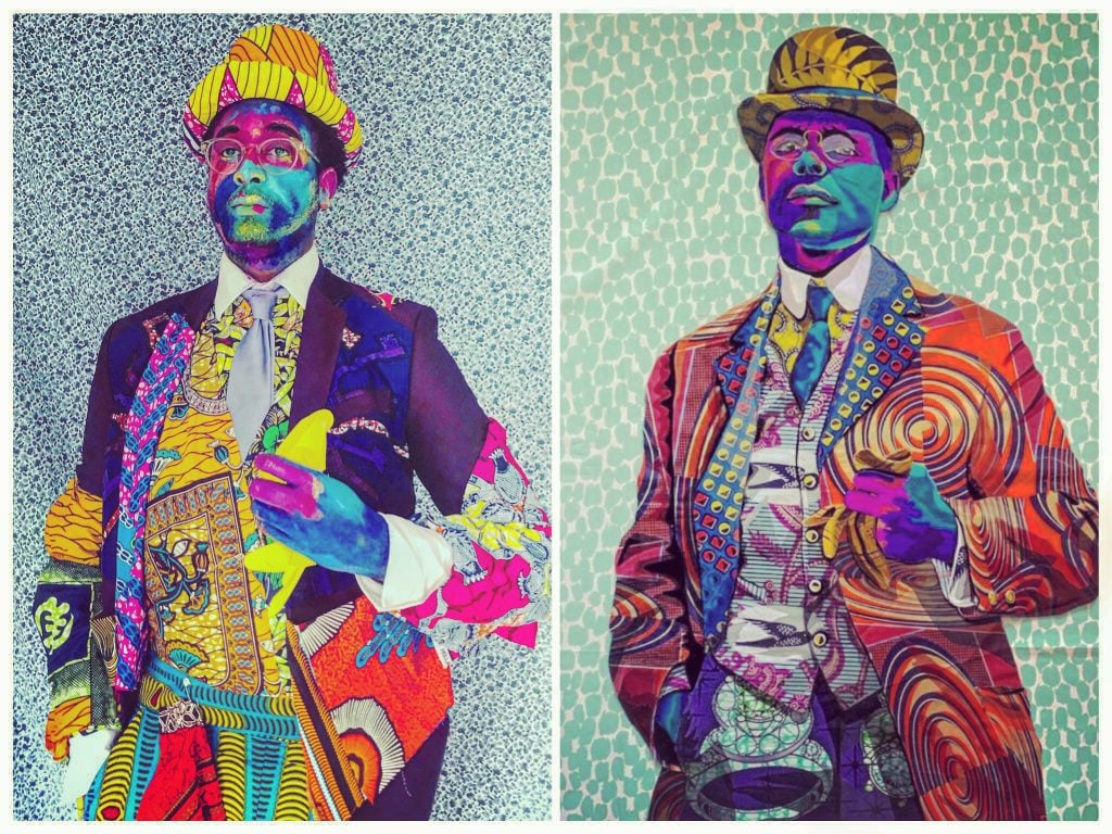 Detail of Bisa Butler’s Africa The Land Of Hope and Promise For Negro People's of the World (2019), a quilted portrait of Emmett J. Scott. Braithwaite’s recreation is made with face paints and African wax fabric offcuts. Courtesy of Peter Brathwaite. 