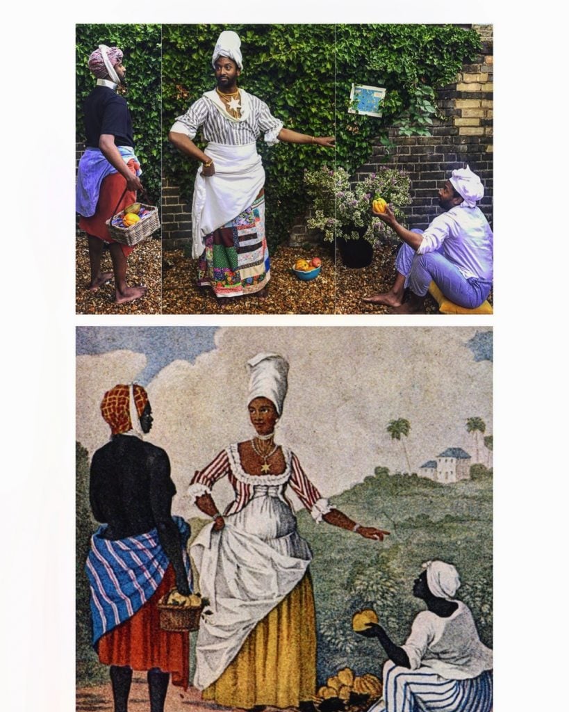 Agostino Brunias,<em> The Barbados Mulatto Girl</em> (1779). Braithwaite has reworked his scene with his grandmother’s patchwork quilt and a Caribbean map.<br /> Courtesy of Peter Braithwaite.
