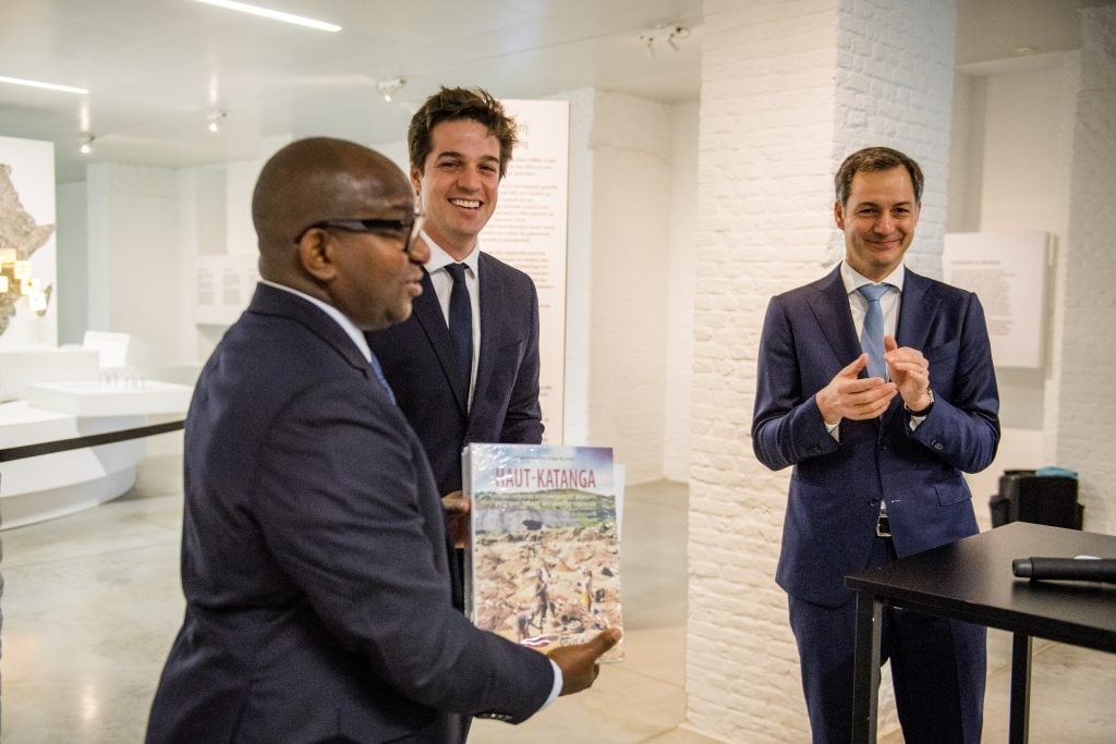 Congolese Prime Minister Jean-Michel Sama Lukonde, Belgian Prime Minister Alexander De Croo, and State Secretary for Scientific Policy Thomas Dermine during the presentation of the inventory of museum pieces in the AfricaMuseum in Tervuren, Thursday, February 17, 2022. Photo: JASPER JACOBS/BELGA MAG/AFP via Getty Images.