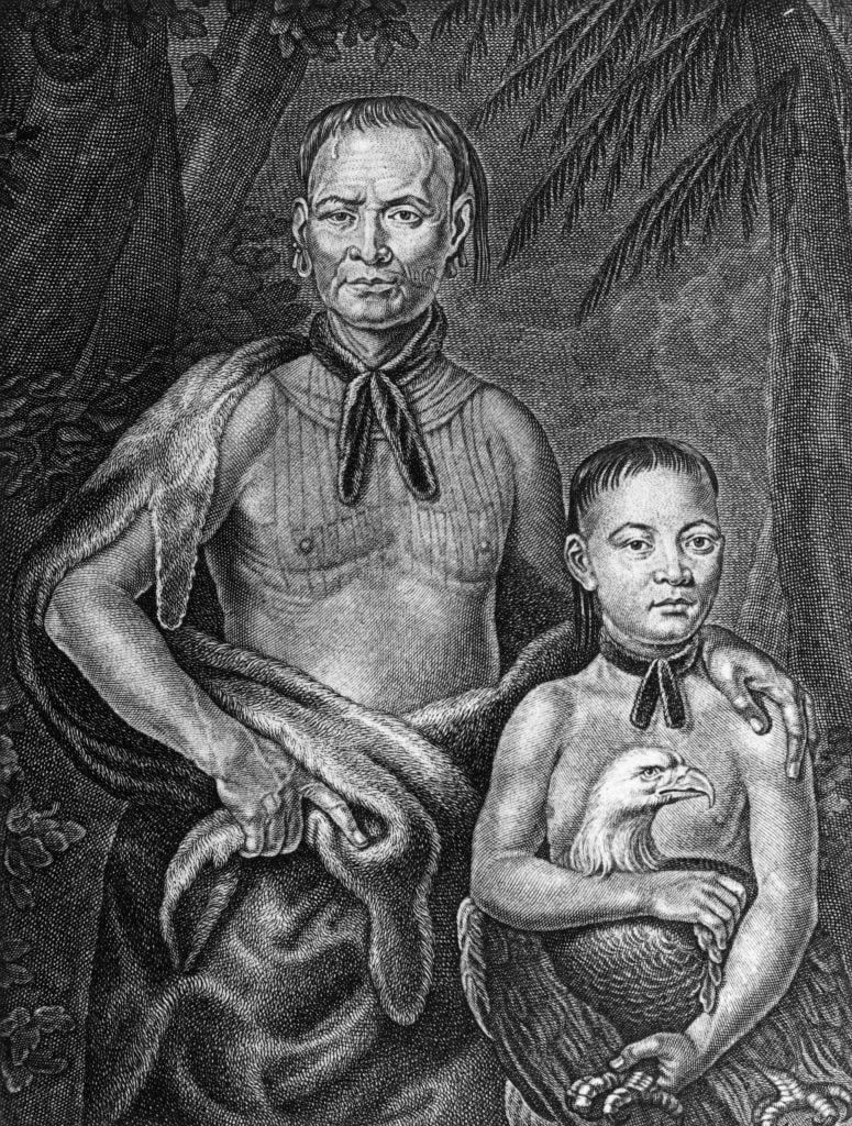 Tomochichi of the Creek Yamacraws with his son Tooanahowie, from a painting by William Verelst. (Photo by MPI/Getty Images)
