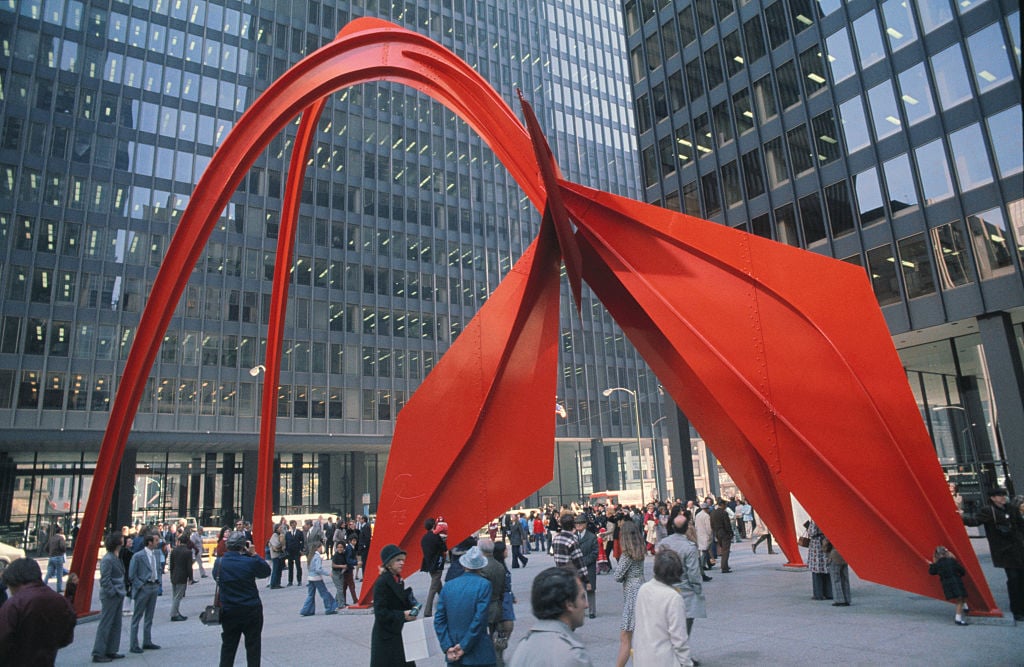 Alexander Calder's federally commissioned sculpture Flamingo (1974) at Federal Center Plaza in Chicago, Illinois. Courtesy of Getty Images.