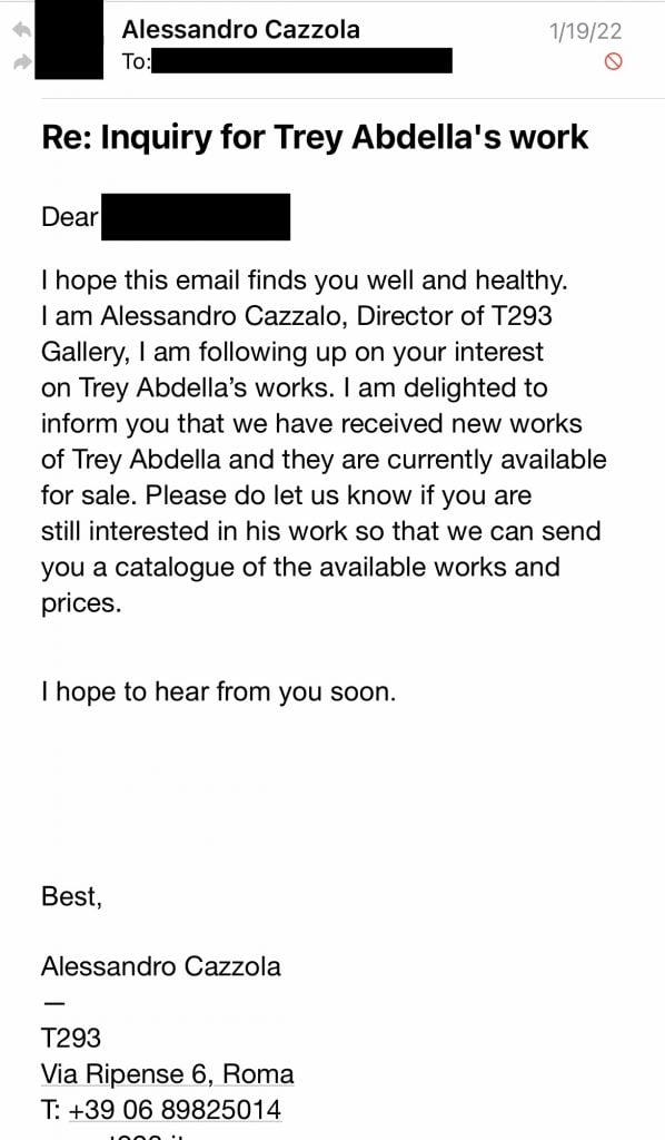 Redacted email shared with Artnet News, sent from the info@t292.it account.