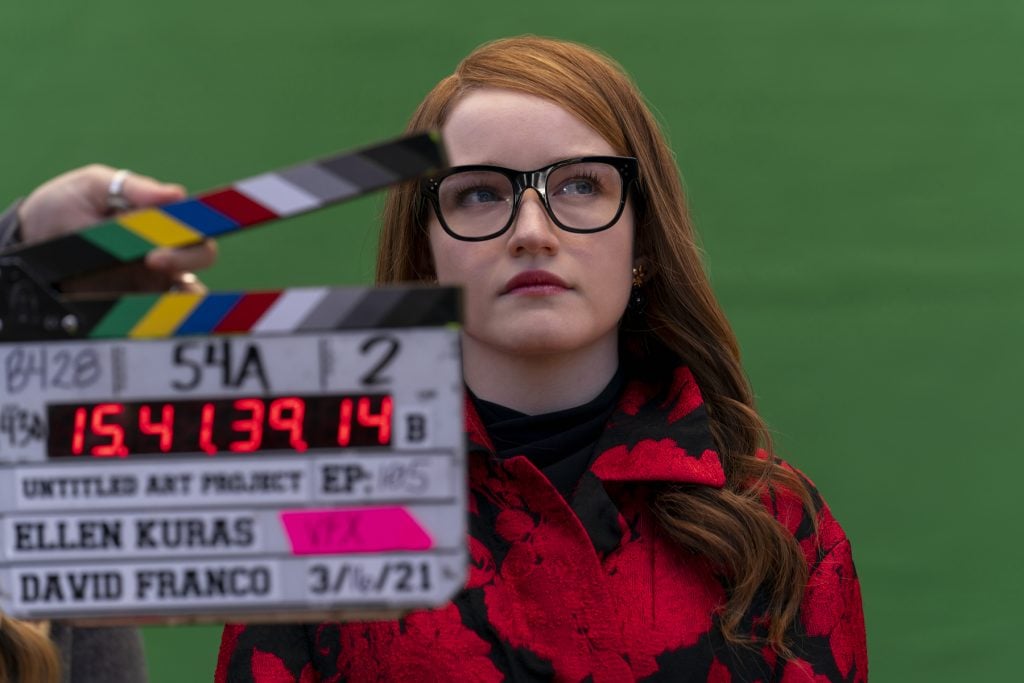 Julia Garner as Anna Delvey in a behind-the-scenes shot from the set of Inventing Anna. Image: Aaron Epstein/Netflix © 2021.