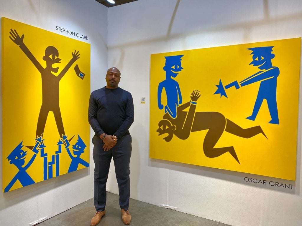 Hubert Neal Jr. with his series "Black and Blue" presented by Los Angeles's IV Gallery at Spring/Break Los Angeles 2022. Photo by Sarah Cascone.