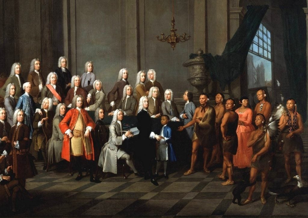 William Verelst's 1734 painting of Tomochichi meeting King George II in London. Courtesy of Wikimedia Commons.