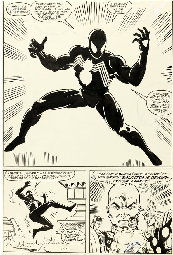 Mike Zeck, <i>Mike Zeck and Others Marvel Super-Heroes Secret Wars #8 Story Page 25 Black Costume/Venom Original Art </i>(Marvel, 1984). Courtesy of Heritage Auctions.