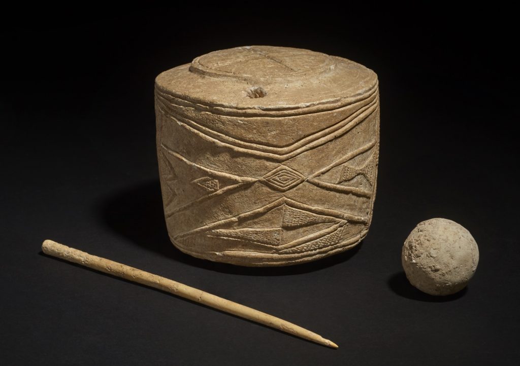 Burton Agnes chalk drum, chalk ball and bone pin. 3005–2890BC. Photo: © The Trustees of the British Museum